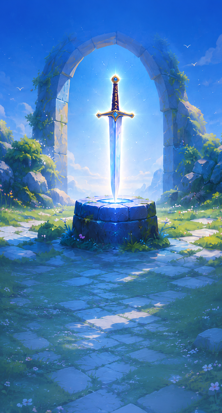 A luminous sword beneath a stone arch on a pilgrimage path
